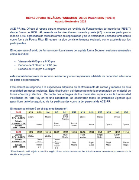 Repaso para Reválida Fundamentos de Ingeniería (FE/EIT) (agosto – noviembre 2026)